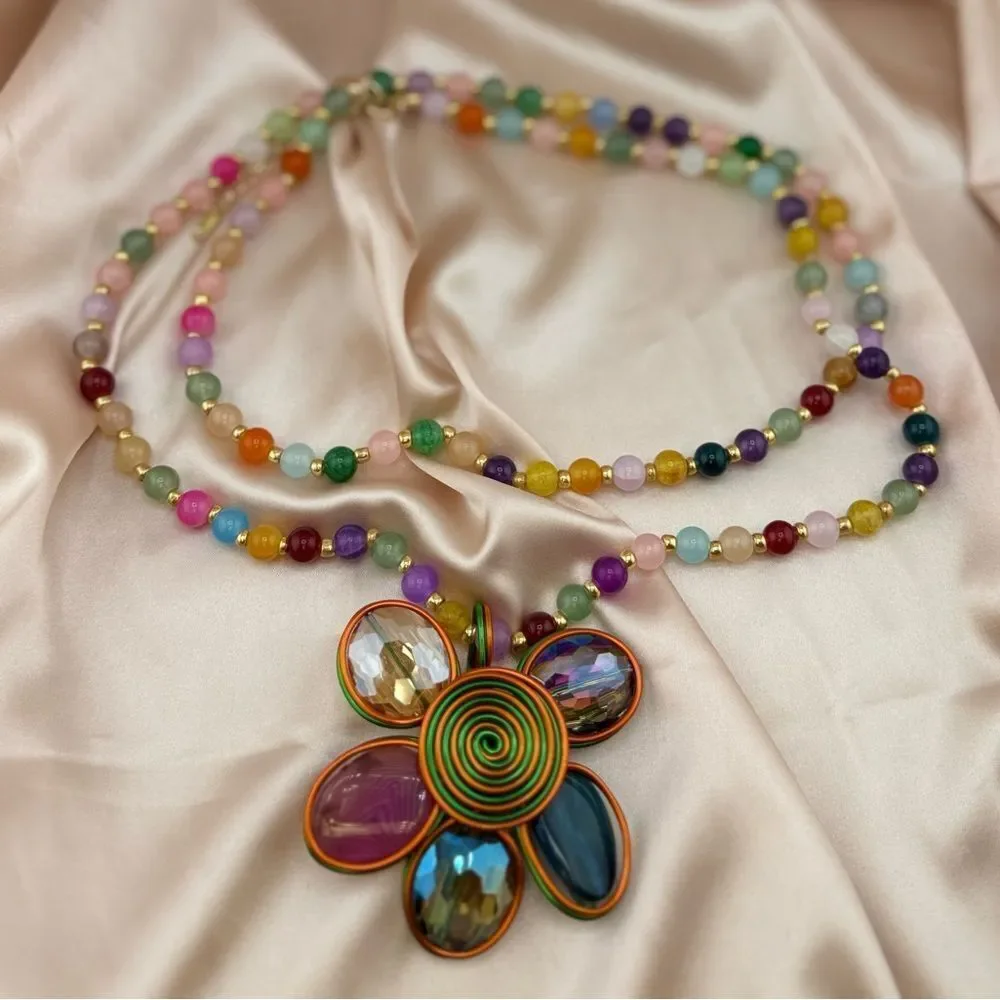 Rainbow Beaded Flower Pendant Necklace – Bold, Colorful & Totally Joyful